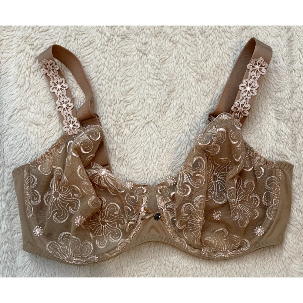 Simone Perele Bra Delice Demi Underwire Unlined Lace Floral Embroidered Tan 38F